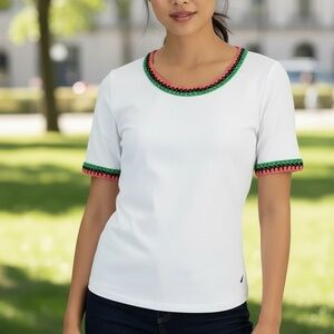 NWT Nautica Women’s White Cotton Crochet Trim Short Sleeve Tee Size Large